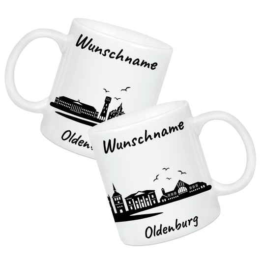 Tasse in Weiß 330ml bedruckt mit der Skyline von Oldenburg personalisierbar mit Wunschname