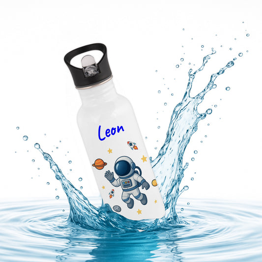 Trinkflasche mit Strohhalm in Weiß 600ml bedruckt mit tollen Motiven für Kinder "Astronaut" personalisierbar für Kinder mit Wunschname aus Edelstahl
