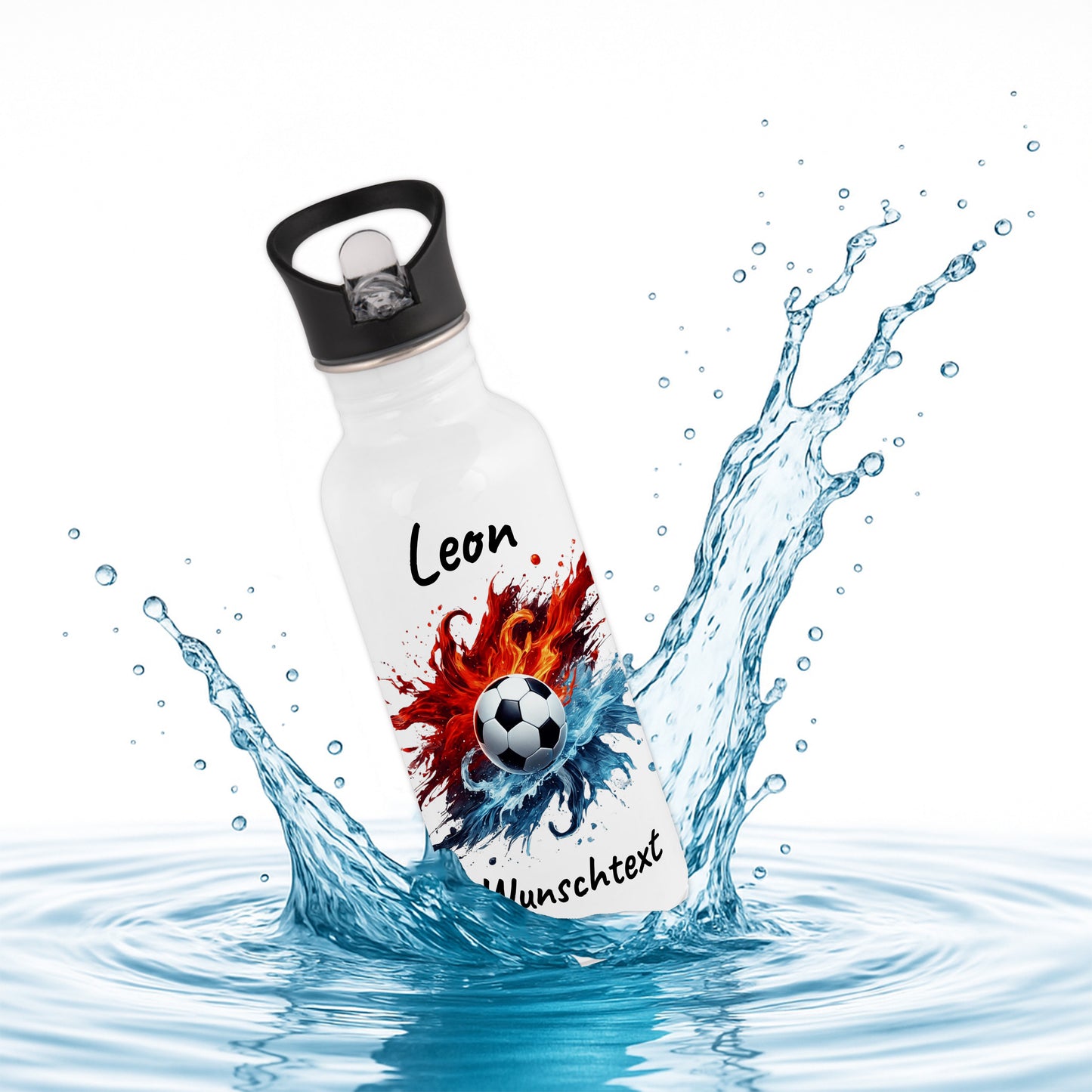 Trinkflasche mit Strohhalm in Weiß 600ml bedruckt mit Fußball Motiven"Motiv12" personalisierbar für Kinder mit Wunschname aus Edelstahl