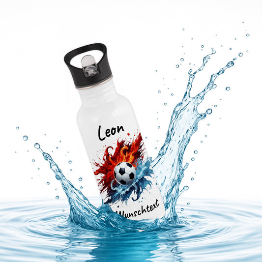 Trinkflasche mit Strohhalm in Weiß 600ml bedruckt mit Fußball Motiven"Motiv12" personalisierbar für Kinder mit Wunschname aus Edelstahl