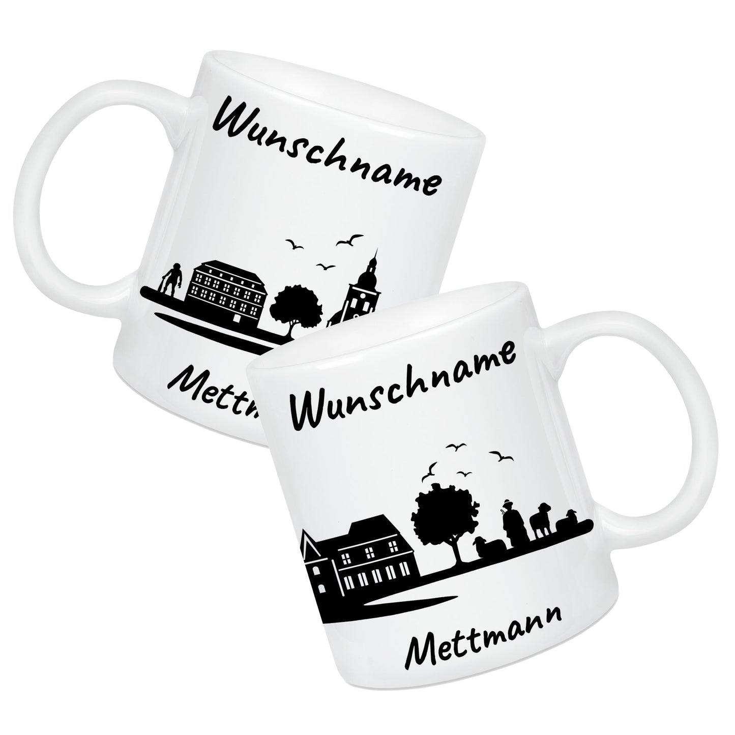 Tasse in Weiß 330ml bedruckt mit der Skyline von Mettmann personalisierbar mit Wunschname