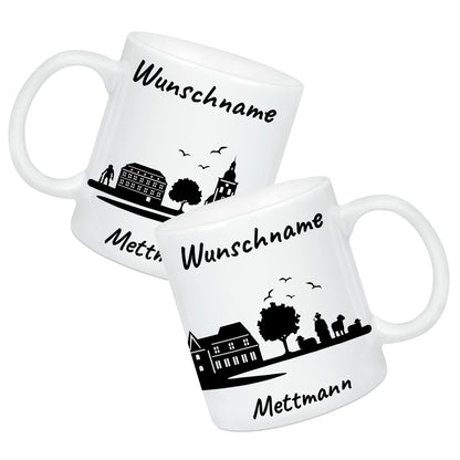 Tasse in Weiß 330ml bedruckt mit der Skyline von Mettmann personalisierbar mit Wunschname