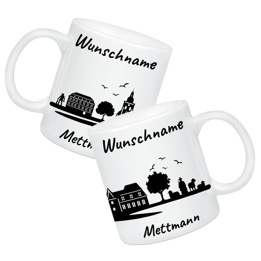 Tasse in Weiß 330ml bedruckt mit der Skyline von Mettmann personalisierbar mit Wunschname