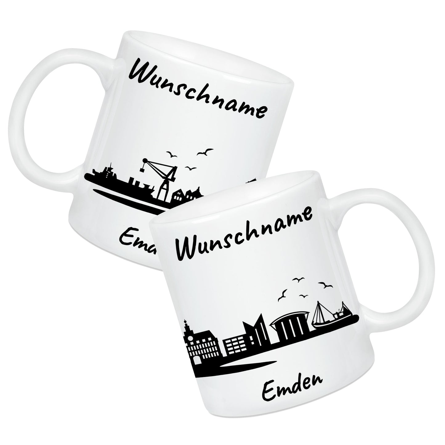 Tasse in Weiß 330ml bedruckt mit der Skyline von Emden personalisierbar mit Wunschname