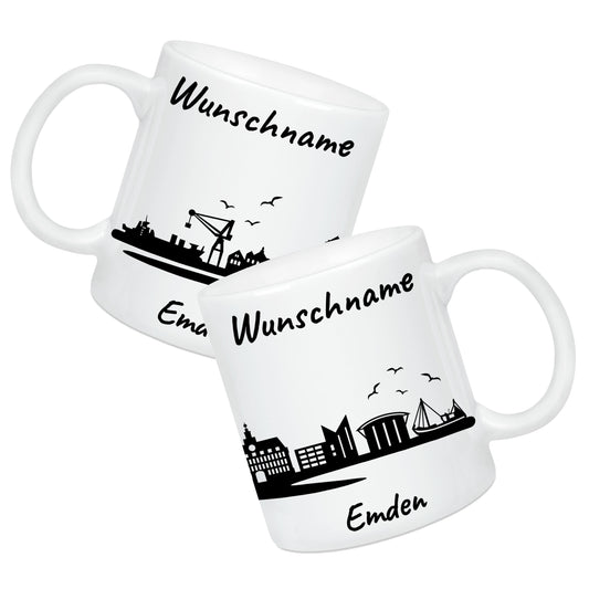 Tasse in Weiß 330ml bedruckt mit der Skyline von Emden personalisierbar mit Wunschname