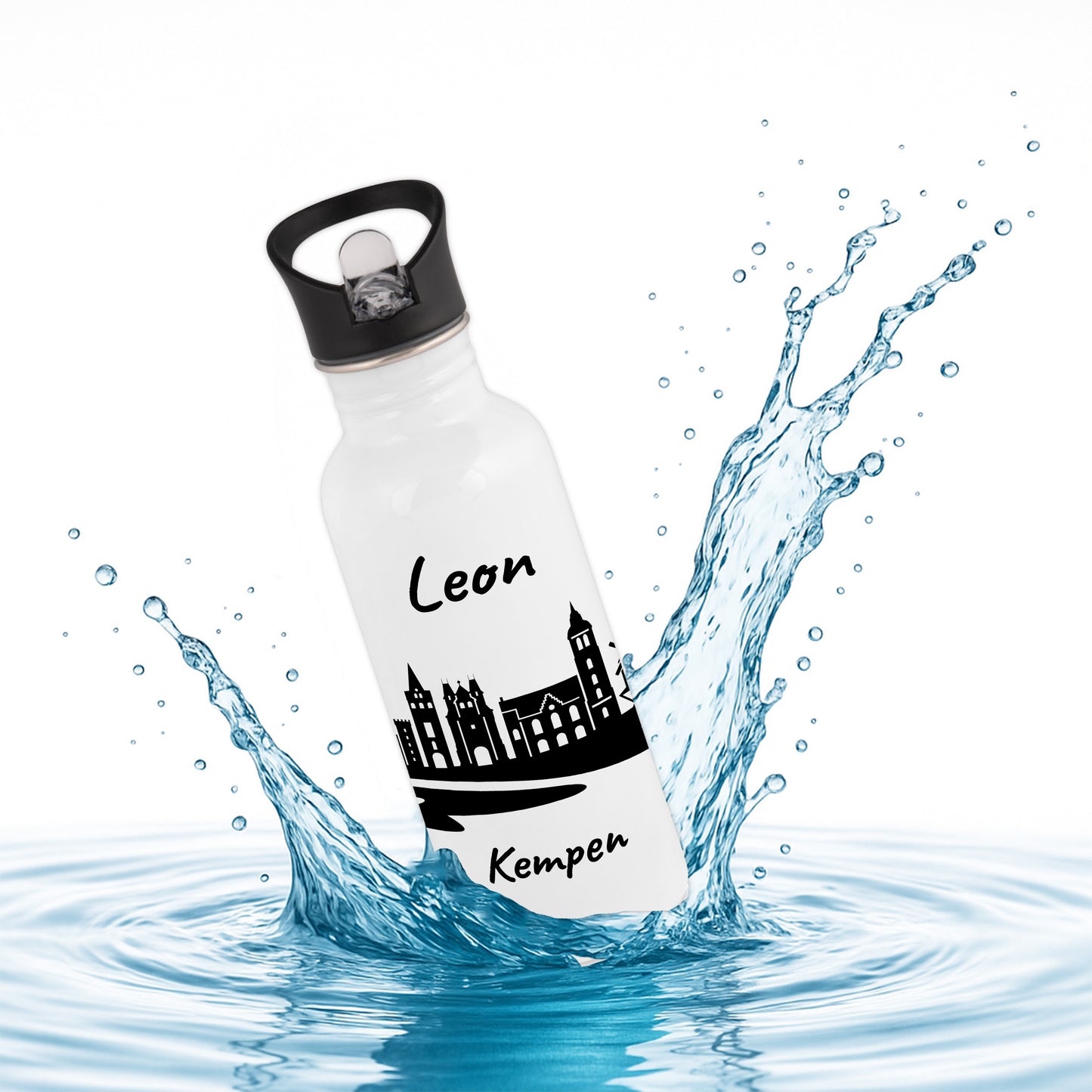 Trinkflasche in Weiß 600ml aus Edelstahl bedruckt mit der Skyline von Kempen personalisierbar mit Wunschname