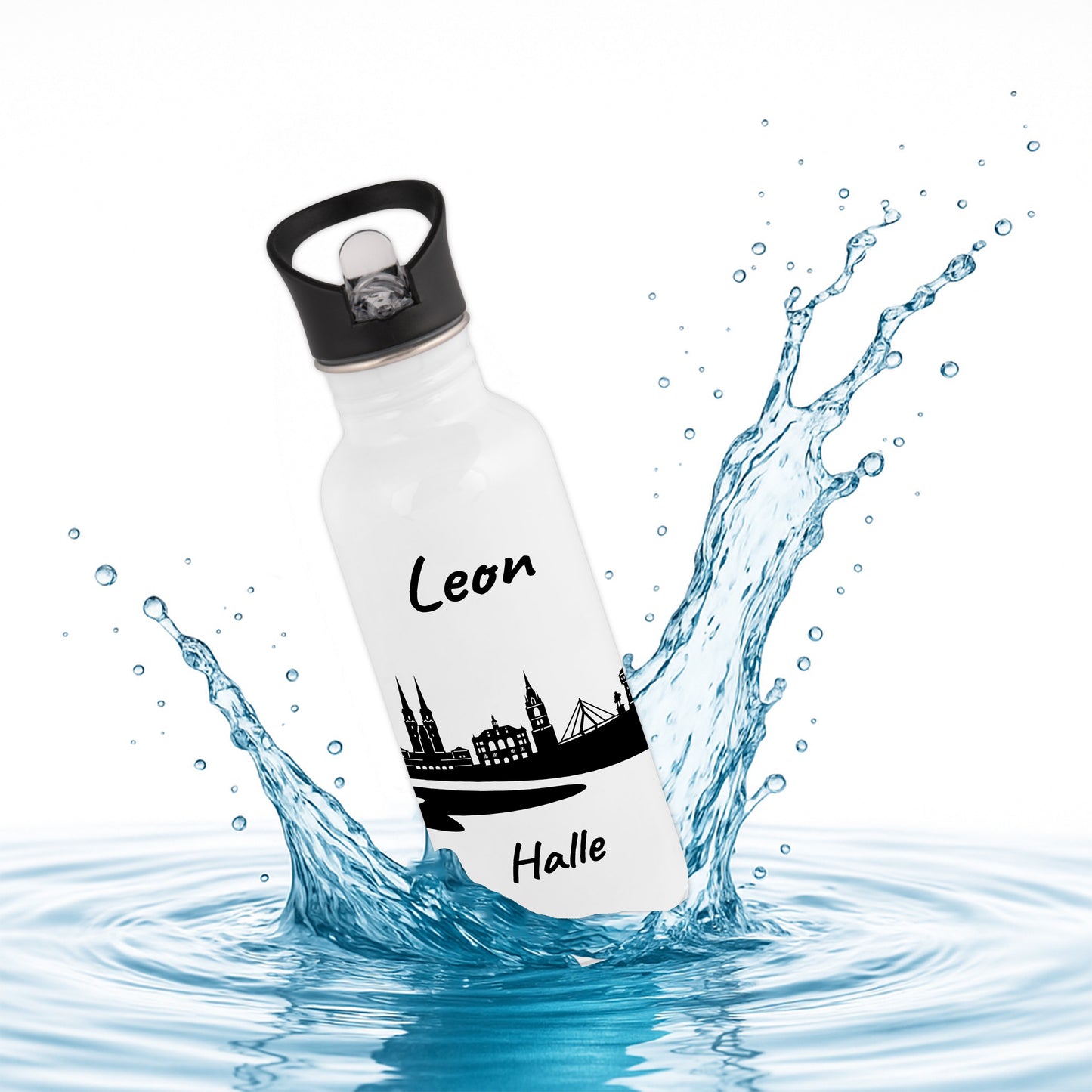 Trinkflasche in Weiß 600ml aus Edelstahl bedruckt mit der Skyline von Halle personalisierbar mit Wunschname