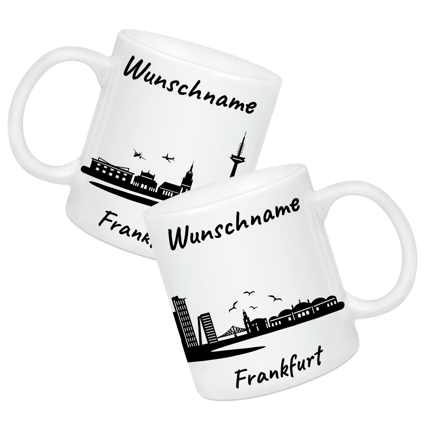 Tasse in Weiß 330ml bedruckt mit der Skyline von Frankfurt personalisierbar mit Wunschname