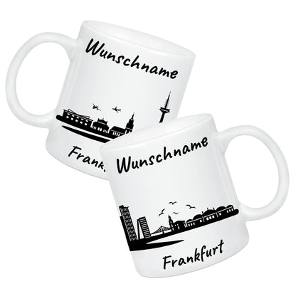 Tasse in Weiß 330ml bedruckt mit der Skyline von Frankfurt personalisierbar mit Wunschname