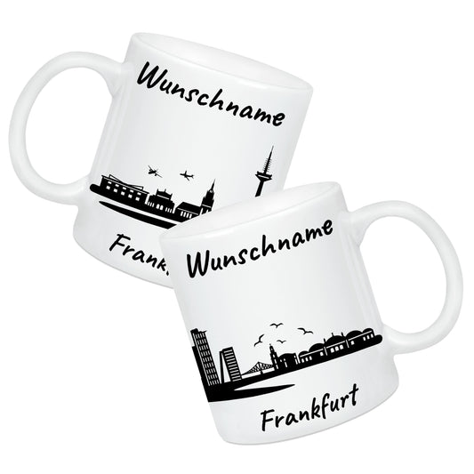 Tasse in Weiß 330ml bedruckt mit der Skyline von Frankfurt personalisierbar mit Wunschname