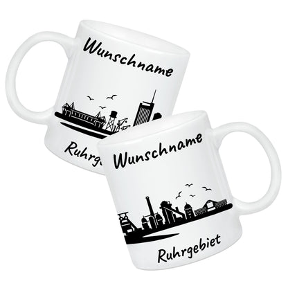 Tasse in Weiß 330ml bedruckt mit der Skyline von Ruhrgebiet personalisierbar mit Wunschname