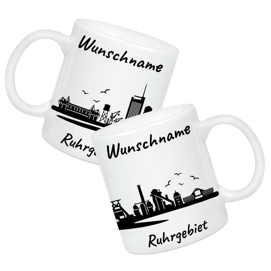 Tasse in Weiß 330ml bedruckt mit der Skyline von Ruhrgebiet personalisierbar mit Wunschname