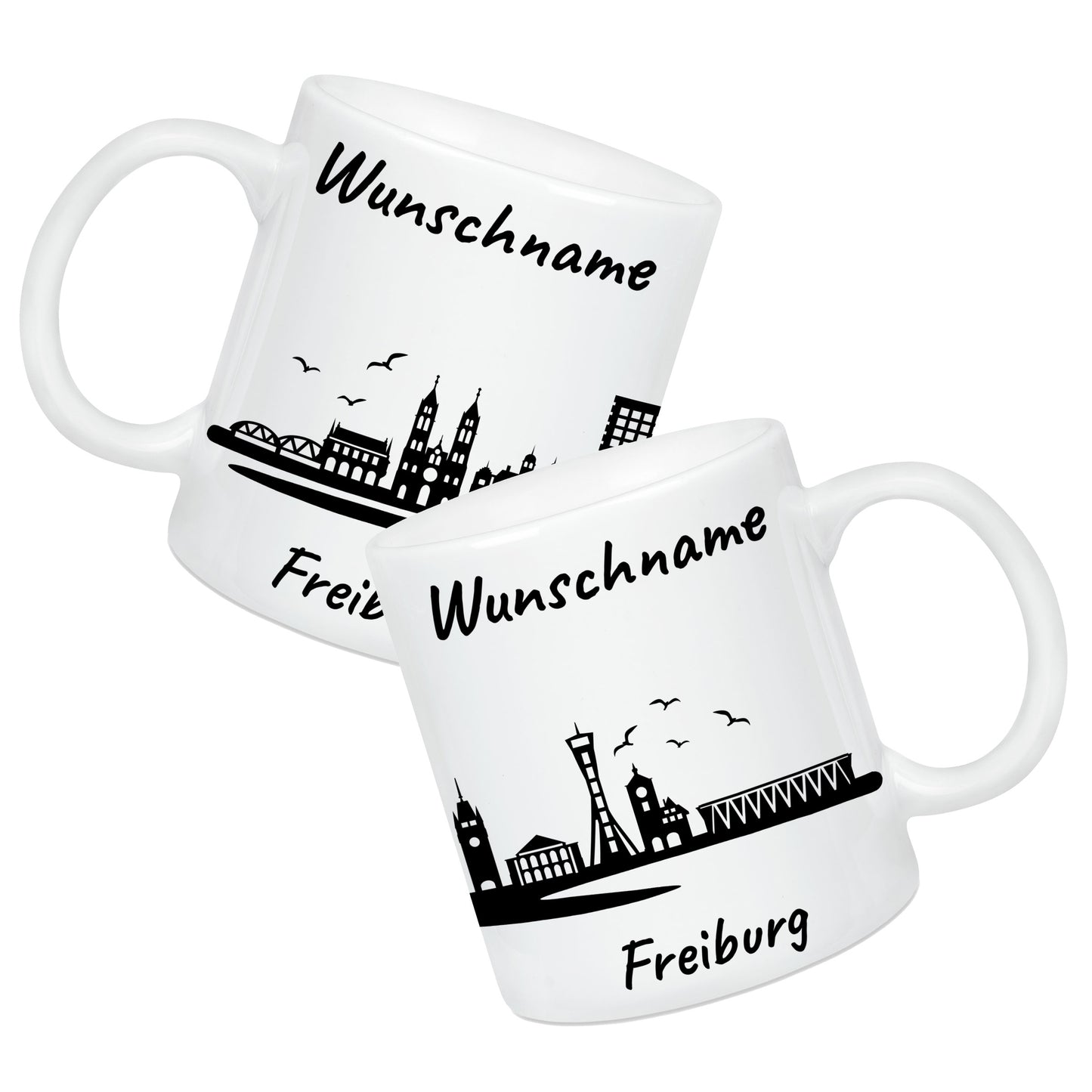 Tasse in Weiß 330ml bedruckt mit der Skyline von Freiburg personalisierbar mit Wunschname