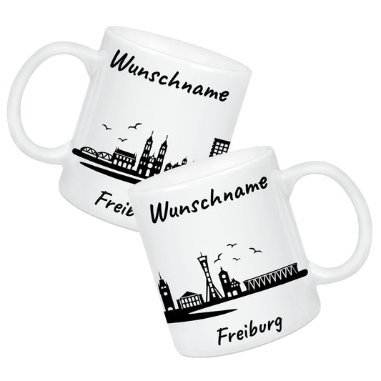 Tasse in Weiß 330ml bedruckt mit der Skyline von Freiburg personalisierbar mit Wunschname