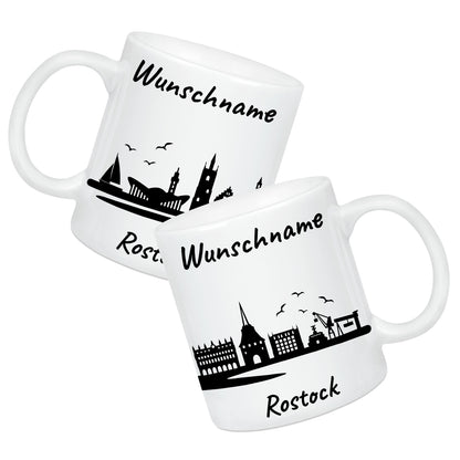 Tasse in Weiß 330ml bedruckt mit der Skyline von Rostock personalisierbar mit Wunschname