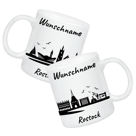 Tasse in Weiß 330ml bedruckt mit der Skyline von Rostock personalisierbar mit Wunschname