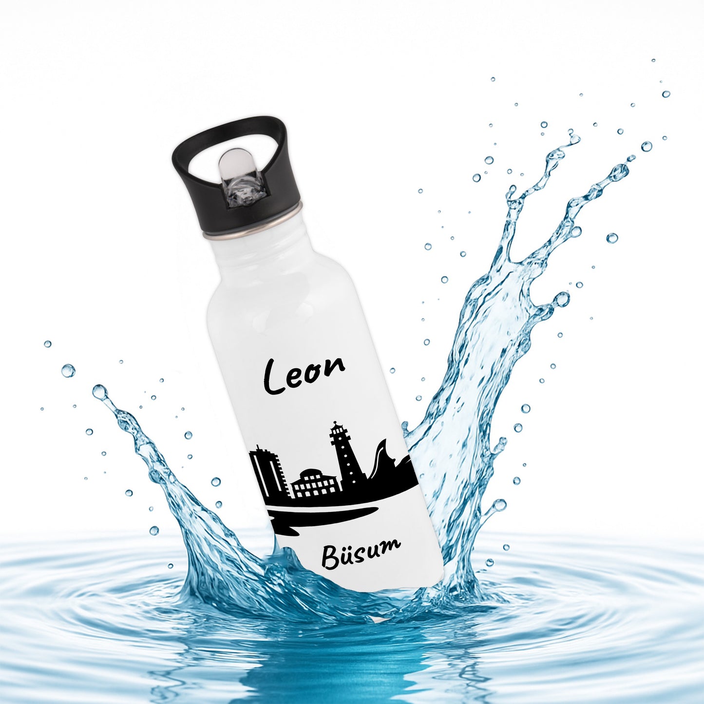 Trinkflasche in Weiß 600ml aus Edelstahl bedruckt mit der Skyline von Büsum personalisierbar mit Wunschname
