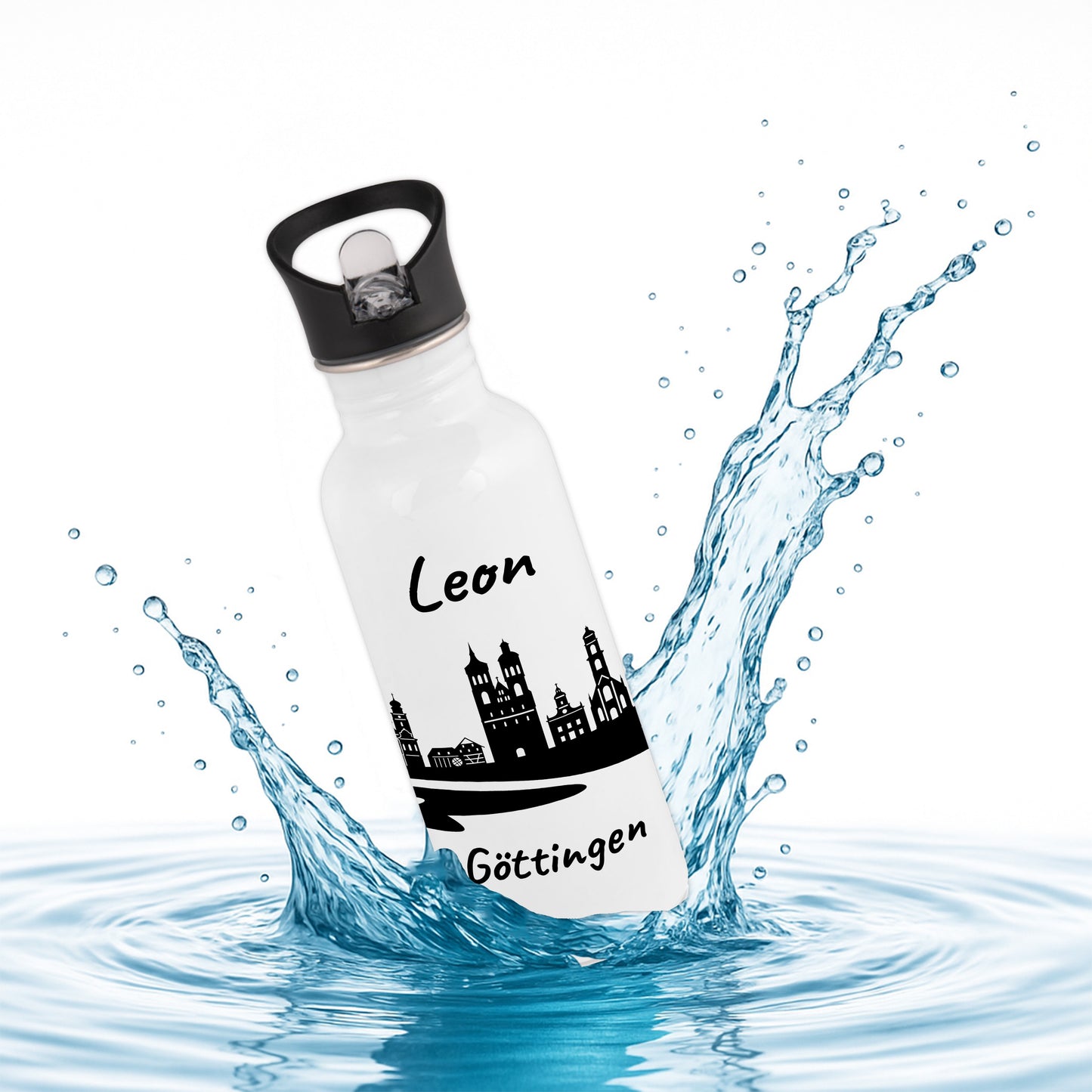 Trinkflasche in Weiß 600ml aus Edelstahl bedruckt mit der Skyline von Göttingen personalisierbar mit Wunschname
