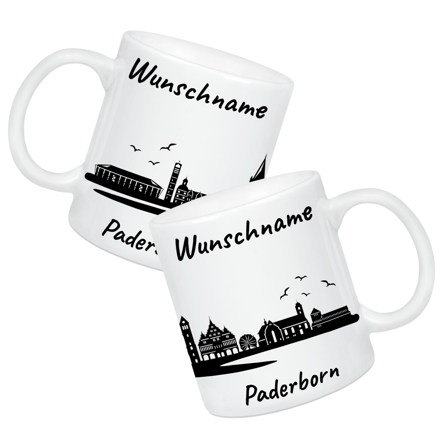 Tasse in Weiß 330ml bedruckt mit der Skyline von Paderborn personalisierbar mit Wunschname