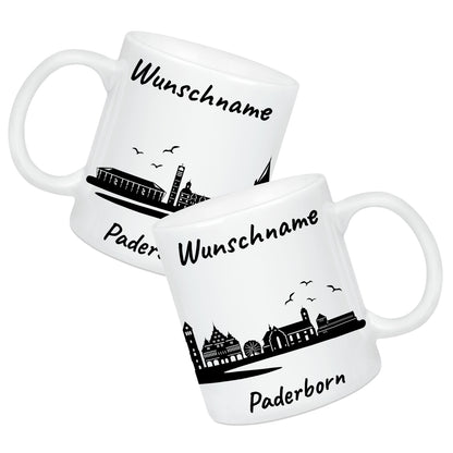 Tasse in Weiß 330ml bedruckt mit der Skyline von Paderborn personalisierbar mit Wunschname