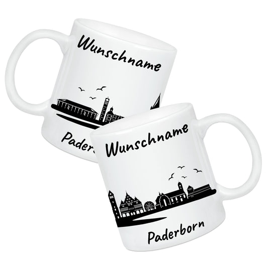 Tasse in Weiß 330ml bedruckt mit der Skyline von Paderborn personalisierbar mit Wunschname