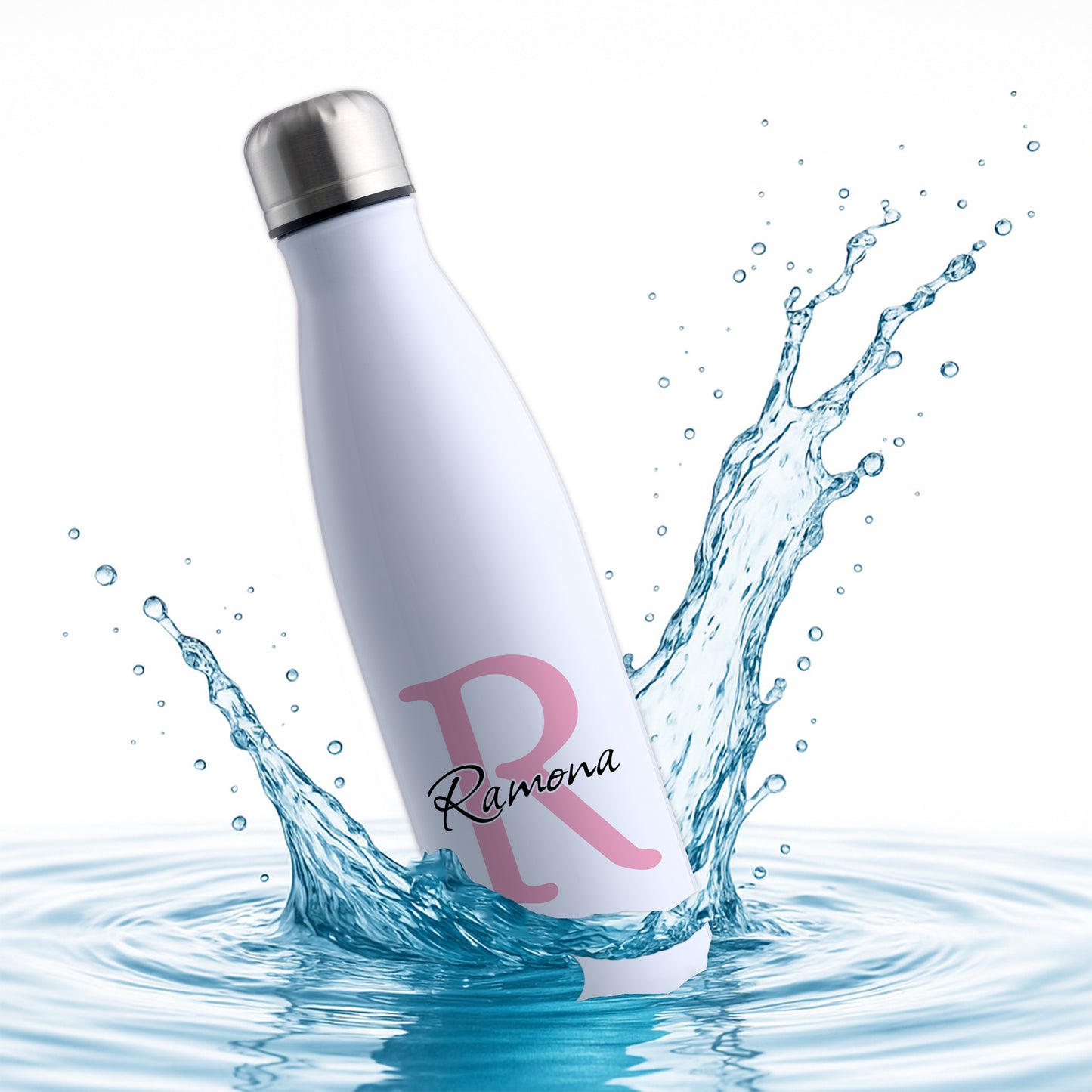 Thermoflasche 500ml aus Edelstahl in Weiß personalisierbar mit Wunschname auslaufsichere Trinkflasche