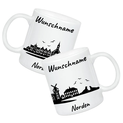 Tasse in Weiß 330ml bedruckt mit der Skyline von Norden personalisierbar mit Wunschname