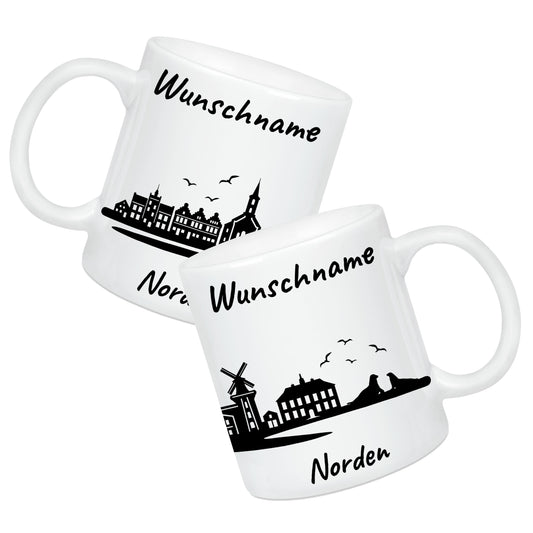 Tasse in Weiß 330ml bedruckt mit der Skyline von Norden personalisierbar mit Wunschname
