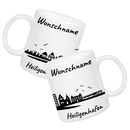 Tasse in Weiß 330ml bedruckt mit der Skyline von Heiligenhafen personalisierbar mit Wunschname