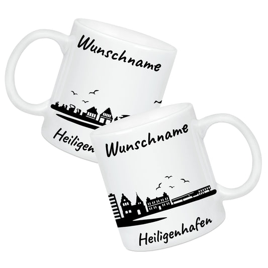 Tasse in Weiß 330ml bedruckt mit der Skyline von Heiligenhafen personalisierbar mit Wunschname