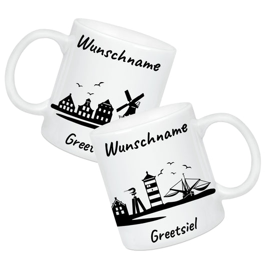 Tasse in Weiß 330ml bedruckt mit der Skyline von Greetsiel personalisierbar mit Wunschname