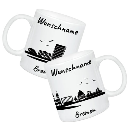Tasse in Weiß 330ml bedruckt mit der Skyline von Bremen personalisierbar mit Wunschname