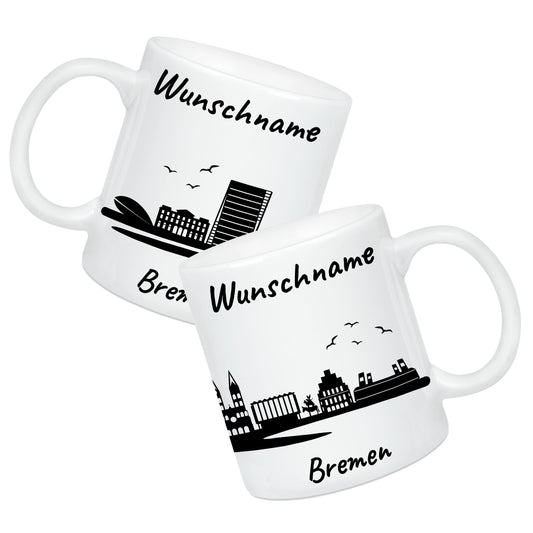 Tasse in Weiß 330ml bedruckt mit der Skyline von Bremen personalisierbar mit Wunschname