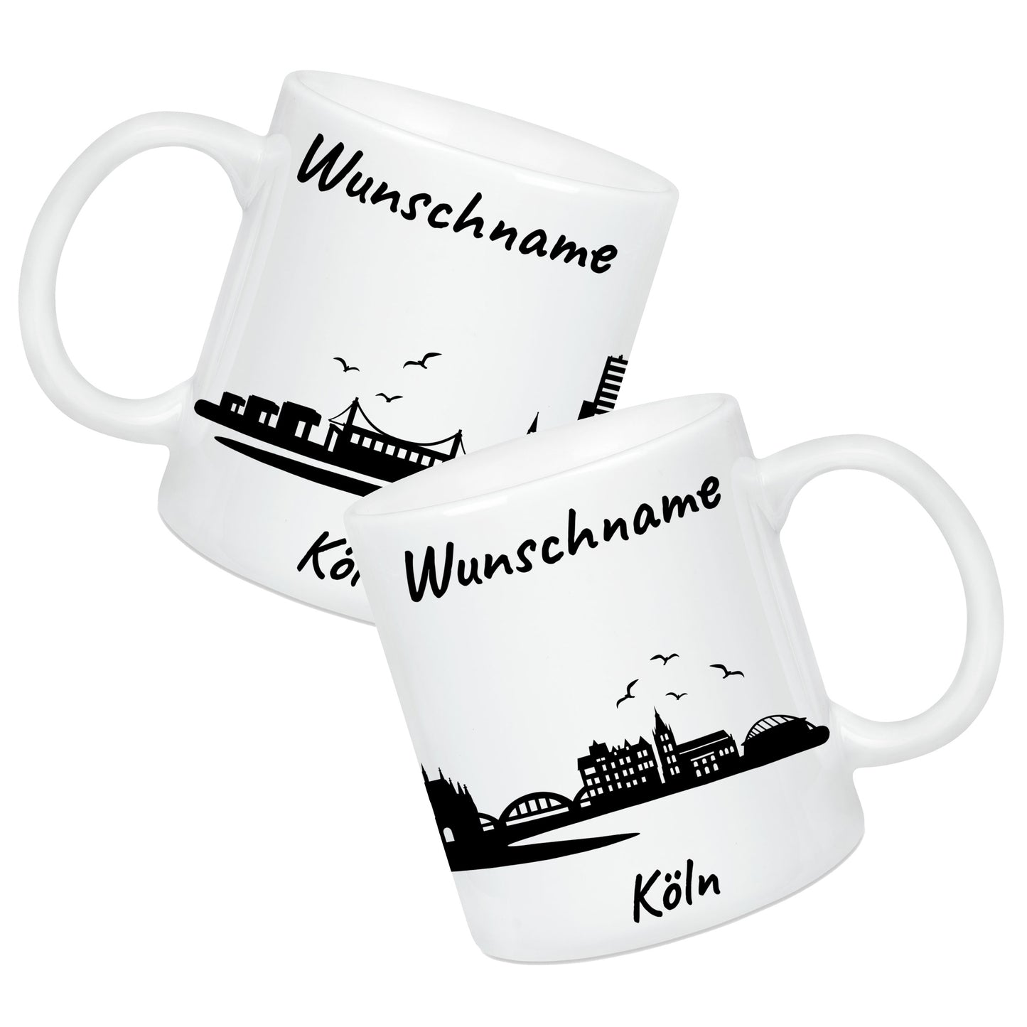 Tasse in Weiß 330ml bedruckt mit der Skyline von Köln personalisierbar mit Wunschname