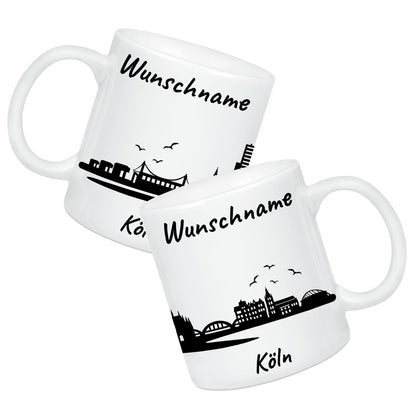 Tasse in Weiß 330ml bedruckt mit der Skyline von Köln personalisierbar mit Wunschname