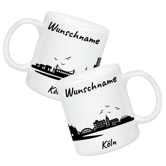 Tasse in Weiß 330ml bedruckt mit der Skyline von Köln personalisierbar mit Wunschname