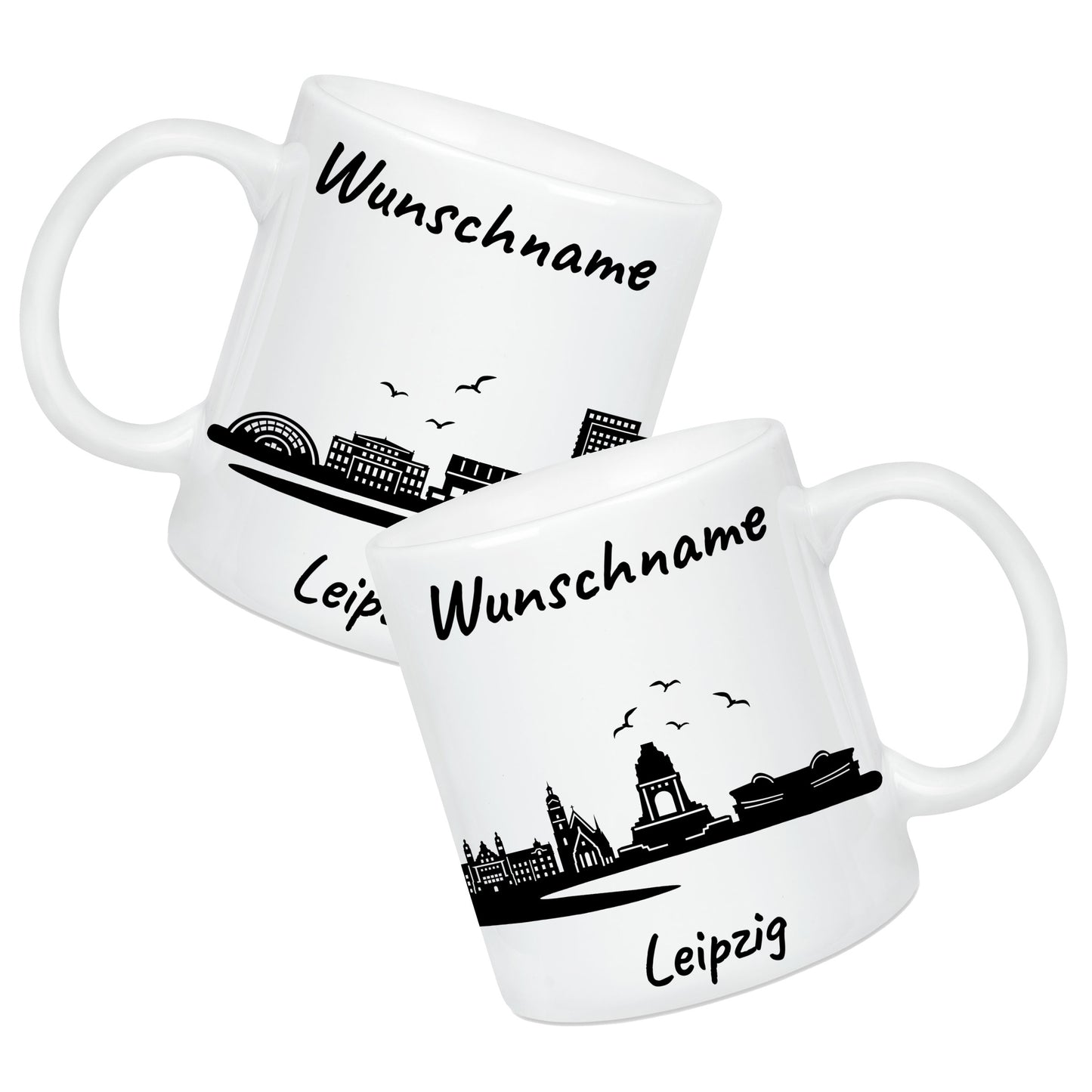 Tasse in Weiß 330ml bedruckt mit der Skyline von Leipzig personalisierbar mit Wunschname