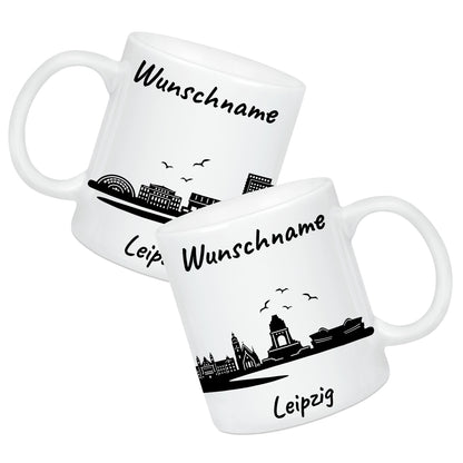 Tasse in Weiß 330ml bedruckt mit der Skyline von Leipzig personalisierbar mit Wunschname