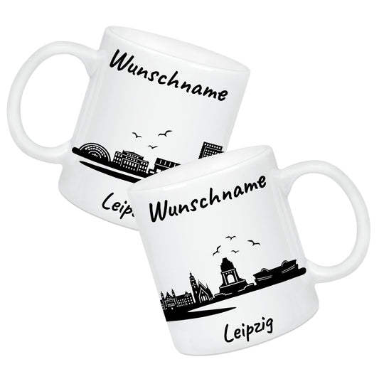 Tasse in Weiß 330ml bedruckt mit der Skyline von Leipzig personalisierbar mit Wunschname