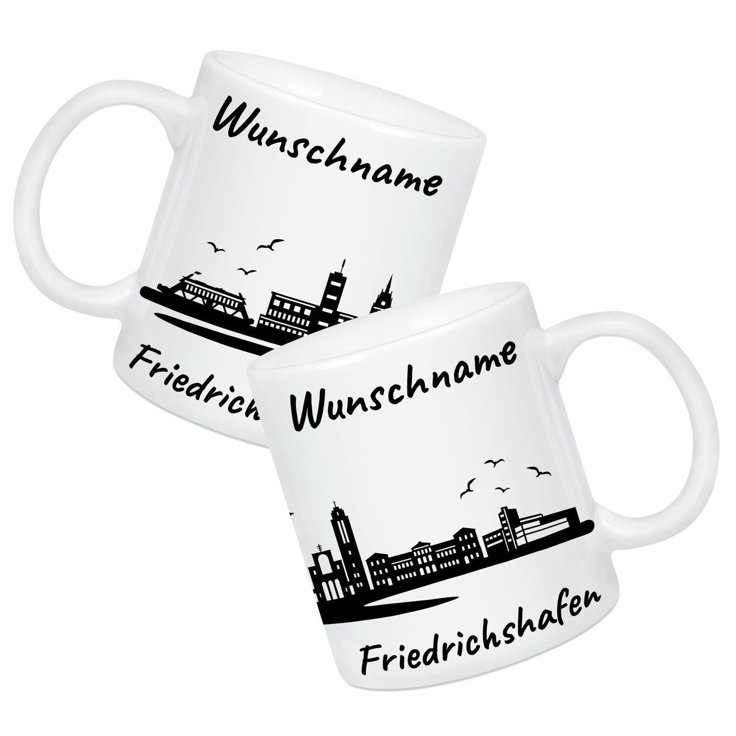 Tasse in Weiß 330ml bedruckt mit der Skyline von Friedrichshafen personalisierbar mit Wunschname