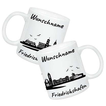Tasse in Weiß 330ml bedruckt mit der Skyline von Friedrichshafen personalisierbar mit Wunschname