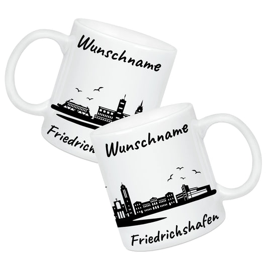Tasse in Weiß 330ml bedruckt mit der Skyline von Friedrichshafen personalisierbar mit Wunschname