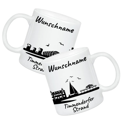 Tasse in Weiß 330ml bedruckt mit der Skyline von Timmendorfer Strand personalisierbar mit Wunschname