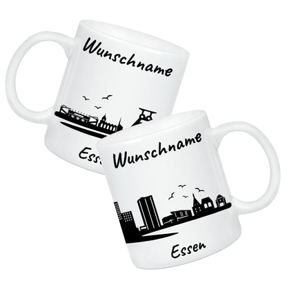 Tasse in Weiß 330ml bedruckt mit der Skyline von Essen personalisierbar mit Wunschname