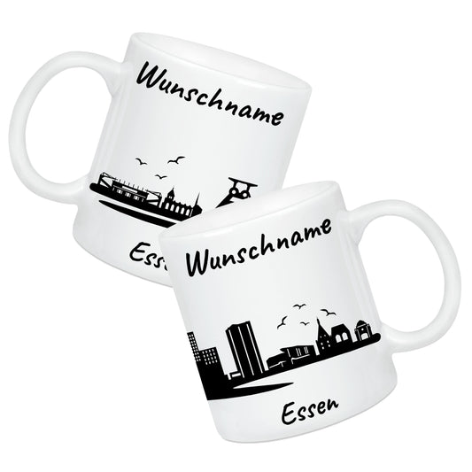 Tasse in Weiß 330ml bedruckt mit der Skyline von Essen personalisierbar mit Wunschname