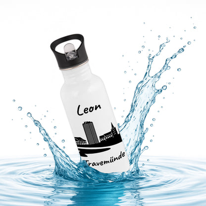 Trinkflasche in Weiß 600ml aus Edelstahl bedruckt mit der Skyline von Travemünde personalisierbar mit Wunschname
