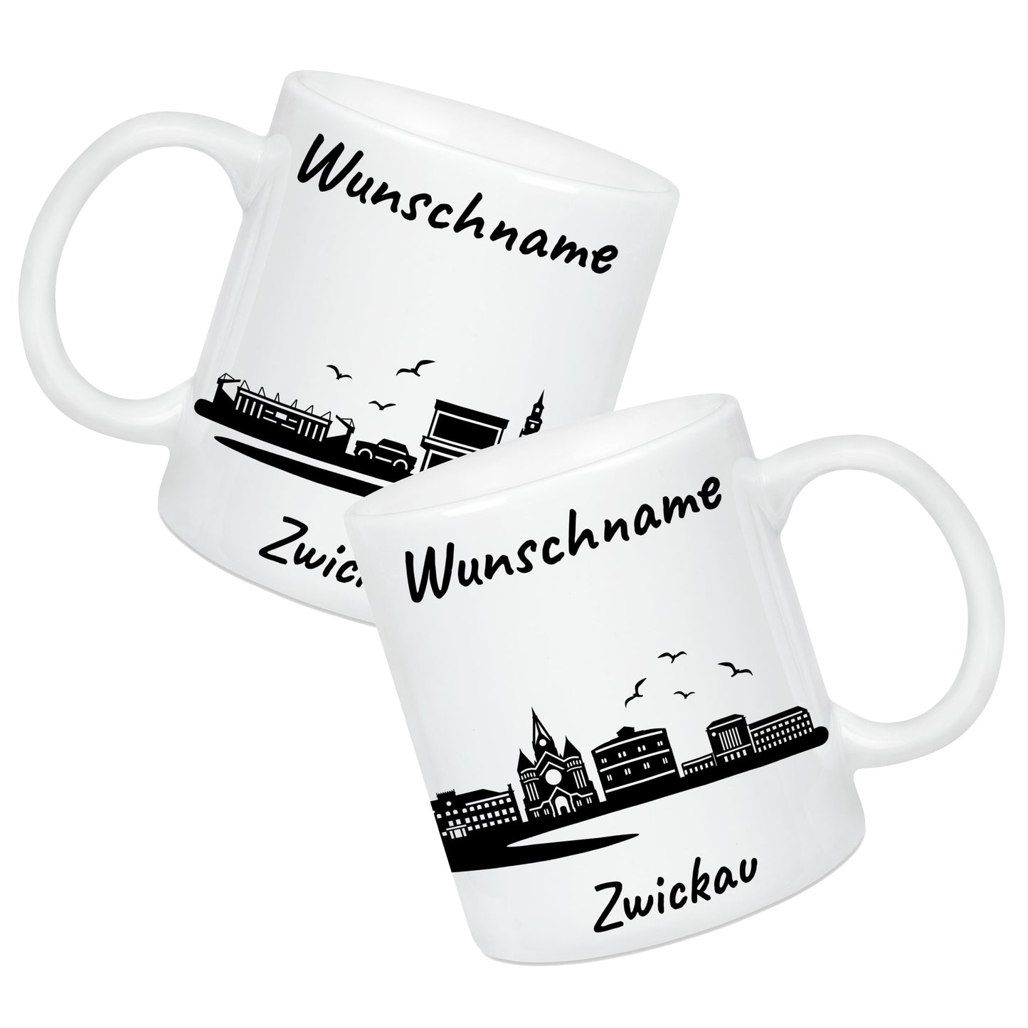 Tasse in Weiß 330ml bedruckt mit der Skyline von Zwickau personalisierbar mit Wunschname