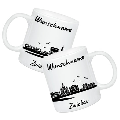 Tasse in Weiß 330ml bedruckt mit der Skyline von Zwickau personalisierbar mit Wunschname