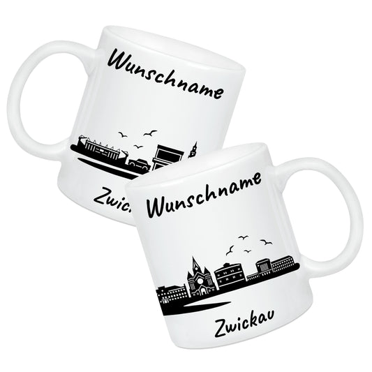 Tasse in Weiß 330ml bedruckt mit der Skyline von Zwickau personalisierbar mit Wunschname