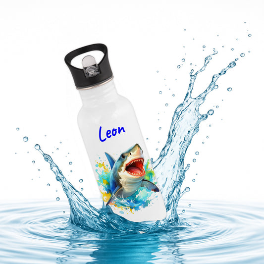 Trinkflasche mit Strohhalm in Weiß 600ml bedruckt mit tollen Motiven für Kinder "Hai" personalisierbar für Kinder mit Wunschname aus Edelstahl